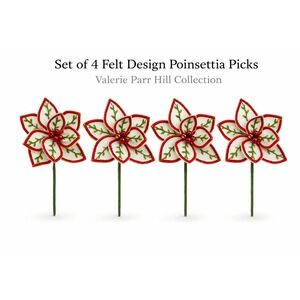Valerie Parr Hill Set of 4 Felt Poinsettia Christmas Floral Picks Red White H223